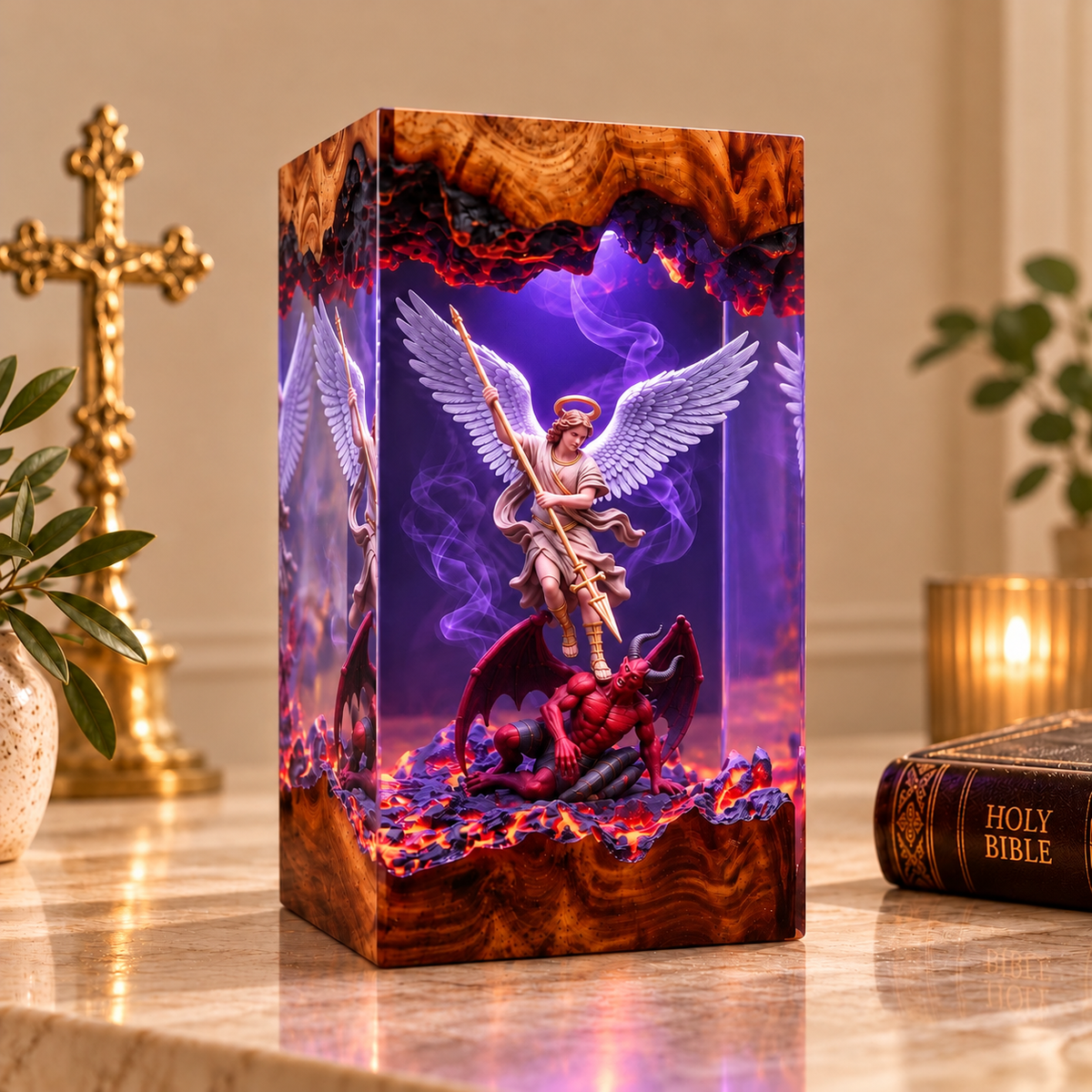 Archangel Michael Defeating Evil Resin Light