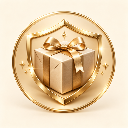 FAITH & LIGHT Shipping Protection gold parcel and shield badge